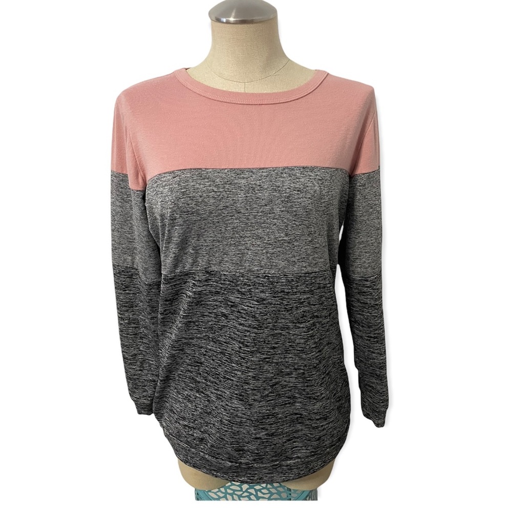 Color block Pink Grey Heather Crewneck Long Sleeve  Sweatshirt Side Medium Warm